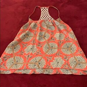Collective Concepts Coral Floral Swing Top Macrame Lattice Back Strappy S